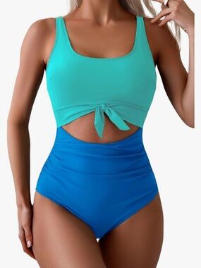 Two-Tone Aqua & Blue Tie-Front One-Piece Swimsuit - Women Swim